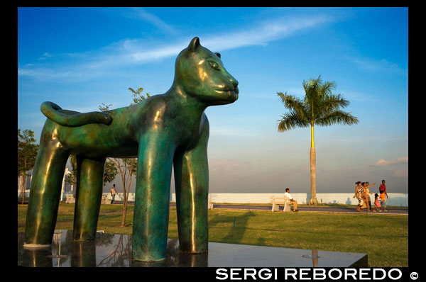 Escultura d'una pantera a l'àrea verda a Cinta Costera Oceà Cinta Costanera del Pacífic Badia de Panamà dic parc lineal gratacels modern. Cinta Costera (Cinta Costera), Ciutat de Panamà, Panamà. Ciutat de Panamà és una ciutat a Amèrica Central, on la congestió ha arribat a un punt crític. La ciutat està passant per un període sense precedents d'estabilitat i les inversions i hi ha gran quantitat de fons públics per a projectes de millora de la infraestructura. Un dels més recents projectes de millora de carreteres és la Cinta Costera o Cinta Costera (traducció significa literalment "cinta costanera") del projecte. Aquest projecte té la intenció de descongestionar la xarxa viària de la ciutat de Panamà, proporcionant una ruta de circumval passat de la ciutat. L'Avinguda Balboa accepta actualment la pitjor part d'aquest tràfic amb 72.000 vehicles per dia que passa al llarg d'ella. La nova Cinta Costera alleuja aquesta congestió i també com a part del projecte proporciona al voltant de 25 hectàrees de zona verda per a l'ús dels residents d'aquesta zona de la ciutat. Aquesta llista dels edificis més alts a la ciutat de Panamà ocupa el gratacels a la ciutat de Panamà per l'altura. L'edifici acabat més alt a la ciutat de Panamà no és el Trump Ocean Club International Hotel and Tower, que es troba 264 m (866 peus) d'altura, com ho demostra Aeronautica Civil de tercers registres de mesurament de Panamà. Durant diversos anys, l'horitzó de la ciutat de Panamà es va mantenir pràcticament sense canvis, amb només quatre edificis superior a 150 m (492 peus). A partir de la dècada de 2000, la ciutat va experimentar un auge de la construcció gran, amb nous edificis s'aixeca per tota la ciutat. El boom continua en l'actualitat, amb més de 150 gratacels en construcció i diversos edificis supertall previstes per a la construcció. A més de créixer cap a fora, Ciutat de Panamà va créixer, amb dos nous edificis més alts des de 2005 es van cancel · lar tots els projectes supertall (Ice Tower, Palau de la Badia, i Torre Generali) o estan en espera (Fars de Panamà, Torre Central) .