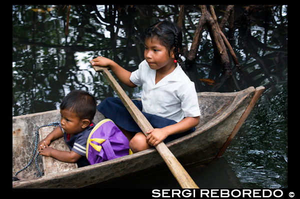 One of the local boats used by the Ngobe Indians as their main form of transport, sheltered under a makeshift lean-to. Channel to entrance at The Ngobe Bugle Indian Village Of Salt Creek Near Bocas Del Toro Panama. Salt Creek (in Spanish: Quebrada Sal) is a Ngöbe Buglé village located on the southeastern end of Bastimentos island, in the Bocas del Toro Archipelago, Province and District of Panama.  The community consists of about 60 houses, an elementary school, handcrafts and general stores. The villagers depend mostly on their canoes for fishing and transportation although the village is slowly developing together with the whole archipelago.  Between the Caribbean Sea, with its mangroves, coral reefs, and paradisiacal islands, and the dense humid tropical forest of Bastimentos Island, lies the Ngobe community known as Salt Creek (Quebrada Sal).  Here, the local organization ALIATUR (Salt Creek Tourism Alliance) has created a project so that visitors to the Bocas del Toro Archipelago can get to know the culture of this indigenous community, its artisan crafts, its dances, and its stories.  Actions taken to promote environmental or social sustainability Four hiking trails in the surrounding forests allow the tourist to appreciate the rich fauna and flora of the region. Lodging and typical local food are offered for whoever wishes to visit for one or more days in the community.  In case this isn´t enough, the community´s proximity to the Bastimentos National Marine Park allows tourists to pay a quick visit to the marvelous Zapatilla Cays and to enjoy its beaches, coral reefs, and trail.