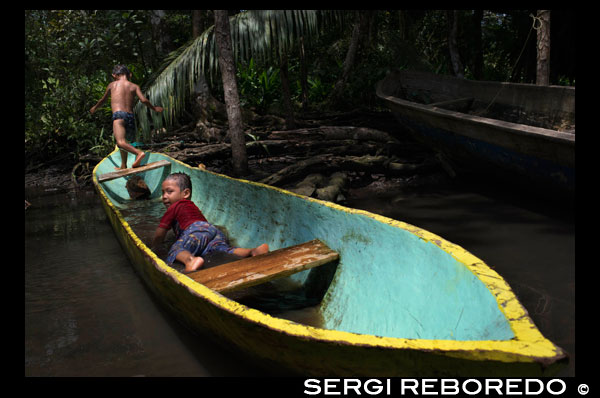 Los niños juegan en uno de los barcos locales utilizados por los indios Ngobe como su principal medio de transporte, al abrigo bajo un improvisado cobertizo. Canal de entrada a la Comarca Ngobe Bugle Indian Village Of Salt Creek Cerca de Bocas Del Toro Panamá. Salt Creek (en español: Quebrada Sal) es un pueblo Ngöbe Buglé se encuentra en el extremo sureste de la isla de Bastimentos, en Bocas del Toro Archipelago, Provincia y Distrito de Panamá. La comunidad se compone de unas 60 casas, una escuela primaria, artesanías y tiendas en general. Los aldeanos dependen principalmente de sus canoas para la pesca y el transporte, aunque el pueblo se está desarrollando lentamente junto con todo el archipiélago. Entre el Mar Caribe, con sus manglares, arrecifes de coral e islas paradisíacas, y el denso bosque húmedo tropical de la Isla Bastimentos, se encuentra la comunidad Ngobe conocido como Salt Creek (Quebrada Sal). Aquí, la ALIATUR organización local (Salt Creek Turismo Alliance) ha creado un proyecto para que los visitantes al archipiélago de Bocas del Toro pueden llegar a conocer la cultura de esta comunidad indígena, sus artesanías, sus bailes, y sus historias. Las medidas adoptadas para promover la sostenibilidad Cuatro senderos ambientales o sociales en los bosques de los alrededores permiten al turista apreciar la rica fauna y flora de la región. Alojamiento y comida típica de la zona se ofrecen para el que quiera visitar durante uno o más días en la comunidad de. En caso de que ésto no sea suficiente, la proximidad community's al Parque Nacional Marino Bastimentos permite a los turistas pagan una rápida visita a los maravillosos Cayos Zapatilla y para disfrutar de sus playas, arrecifes de coral, y el sendero.