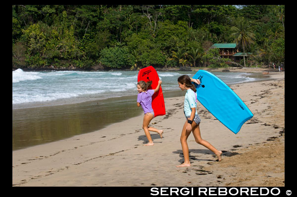 Noies en Xarxa Frog Beach. Boques del Toro. Panamà. Al voltant d'un 10 minuts en vaixell des de la ciutat de Boques et porta a la Marina Xarxa Frog, des d'on una caminada de 15 minuts a través del punt de l'illa Bastimentos estreta li permet arribar a Xarxa Frog Beach. Amb 0,75 quilòmetres de sorra blanca i daurada, Xarxa Frog Beach és una de les platges més populars a Bocas del Toro. La costa nord de l'illa Bastimentos alberga algunes de les més belles platges de Boques 'i Red Frog és un dels més accessibles, i l'únic amb unes instal.lacions com ara un parell de restaurants i banys. Rep el seu nom de les granotes verinoses que són abundants en pujols Bastimentos. Si tens la sort pot trobar-se amb un mandrós de tres dits o alguns micos també. Causa de la seva facilitat d'accés a moltes excursions en vaixell que Red Frog Beach seva última parada durant el dia, que li proporciona un ambient animat, amb viatgers de tot el món (qualsevol cosa entre 100 i 300 persones). Durant la temporada baixa, que és molt més tranquil. Si li passa a arribar a Xarxa Frog i sentir la necessitat de més espai per a tu mateix sempre es pot caminar una mica cap a l'est (Turtle Beach) o cap a l'oest en direcció a Platja Wizard (Platja Primera), o simplement anar a una altra platja a Bocas del Toro amb menys gent ... hi ha un munt de platges a Bocas.