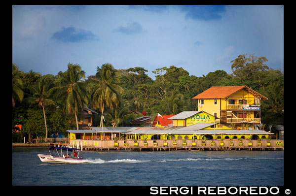 Panama Bocas del Toro iconic view of boats and archipelago. Aqua Lounge Hostel and Bar Isla Carenero. Bocas del Toro is the capital of the Panamanian province of Bocas del Toro. It is city and a world-renowned tourist resort located on the island of Isla Colon in the Bocas del Toro Archipelago in the Caribbean Sea off the northwest coast of Panama. Relatively few Panamanians live on the island, opting for cheaper housing on the mainland of Panama. Its white, sandy beaches, ecological parks, diving keys, restaurants and food, nightclubs, attractions, thematic parks, music and dances, shops and markets both in the zone and the downtown make it a popular tourist destination year-round for tourists from the North, South, Central America, Europe, Oceania and Asia alike. The official language in Panama is Spanish but English is widely spoken in Bocas del Toro.