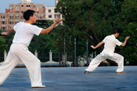 China, Shanghai, por la mañana el ejercicio de tai chi en el Bund. Shanghi Bund: Temprano tai chi ejercicios de la mañana con las espadas en el Bund en Shanghai China. Las mejores lecciones taichi que he tenido eran de un tipo viejo que practicaba fuera a las 7 am cada mañana. Aprendí 4 técnicas excelentes que todavía utilizo en mi entrenamiento MMA de modo regular un método de captura de una patada y tirar a tu oponente, la reorientación de un puñetazo recto y contrarrestar en el mismo movimiento, la lucha contra el doble underhooks con un lanzamiento, y escapar de un cerradura hombro mientras la configuración de su cuenta. Es un arte marcial realmente fascinante, porque cada uno de los movimientos de baile como