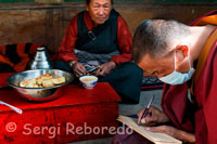 Monjos a l'interior del Monestir Tashilumpo, ubicat a Shigatse, Tibet. Shigatse es troba a 3,900 m. Tot i que aquí ja s'està aclimatat a l'altura i es suporta amb tota normalitat. En aquesta població antigament tenia la seva base el Panchen Lama ja que anteriorment va ser capital durant un breu període de temps del Tibet. El monestir Tashilumpo al costat de la serralada del Drolma de teulades daurats i carrers empedrats es va fundar en 1447 per Gender Drupa qui va ser més tard el primer Dalai Lama. Aquesta població ja es veu habitants Xinesos, aquests solen estar en les poblacions amb més presència de turistes. Aquí ja apareixen botigues, supermercats, restaurants i hotels no només tibetans. Sempre és millor un hotel o restaurant Tibetà. Aquests són més nets i atenen millor al visitant. Els Xinesos solen ser més bruts, els preus tant dels productes de supermercats com d'hotels i restaurant són molts més cars i el tracte de vegades és de prepotència.