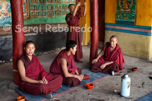 Monks inside the Tashilumpo Monastery, located in Shigatse, Tibet. Tashilumpo Monastery, the jewel of the monumental city of Shigatse, the official residence of the Panchen Lama, the second figure hierarchy of Buddhism after the Dalai Lama.