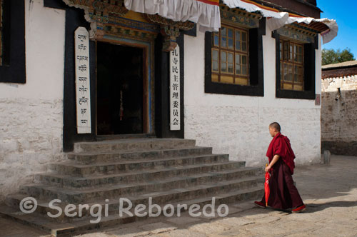 Un Monjo budista a l'interior del Monestir Tashilumpo, ubicat a Shigatse, Tibet. El Monestir de Tashilumpo és el principal atractiu de Shigatse. Es poden veure a gran distància els reflexos daurats de les seves teulades. Aquí es troba la imponent estàtua gegant de Buda, la més gran del món amb 26,2 m. d'alçada, 11,5 d'amplada i nombroses incrustacions de joies. El Monestir de Sakya és conegut com el "Dunhuang tibetà" pel seu estil mongol en estàtues, porcellanes, frescos, Tangkas (representacions de Buda) i escriptures. El monestir es va fer famós al segle XIII, quan Kublai Khan el va dotar de regals, privilegis i control sobre tot el Tibet. Aquí es va gestar una secta budista anomenada Sakyapa.   