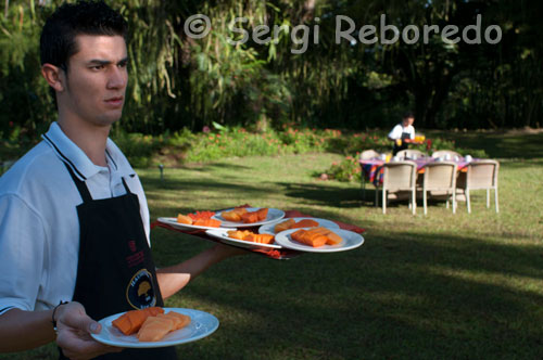 A waiter serves breakfast in the garden of La Hacienda San Jose. Pereira. The San Jose is pleased to offer one of the oldest plantation house on the outskirts of Pereira, where you can see the old colonial antiquity Caldas with rammed earth walls. Consists of eight comfortable rooms with a capacity of 25 people, ideal place for meetings, seminars, conference with ample space for the realization of their projections, with a wonderful landscape that invites visitors to enjoy a pleasant ride, walk along the path green, pool, jacuzzi and for lovers of fine cuisine and international cuisine, highlighting the Spanish suckling pig dish for 8 people as characteristic of this wonderful place. The Hacienda San Jose is located in the city of Pereira, a major shopping center and the coffee business. From La Hacienda, you will have at its disposal all the beauty and attractions of the coffee to visitors.