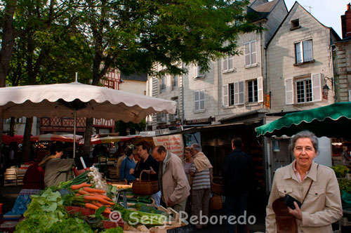 Mercado de Saumur. En su casco antiguo, compuesto básicamente de estrechos callejones, se celebra cada sábado un animado mercado en el que es posible encontrar cualquier cosa por extraña que parezca. Serpenteando las  empinadas callejuelas llegamos hasta los dominios del castillo, desde donde se obtienen una de las mejores vistas de esta zona del Valle del Loira. 