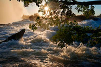 Posta de sol a les Cascades Victòria . Victoria Falls és el resultat de la pedra arenisca suau que omple enormes esquerdes a la dura roca basàltica de l'altiplà . A mesura que el Zambezi superior fluir a través de l'altiplà en l'antiguitat , es van trobar les esquerdes i va començar a portar lluny la roca més suau , creant finalment una sèrie de goles . Els geòlegs estimen que el riu ha anat disminuint en aquests barrancs durant almenys els últims 100.000 anys . A mesura que la roca es desgasta , la cataracta segueix aquestes esquerdes gegantines i es mou riu amunt a través de l'altiplà . Dr David Livingstone havia estat viatjant pel riu Zambezi al sud d'Àfrica des de fa diversos mesos . Potser un centenar de quilòmetres riu amunt durant aquesta expedició havia arribat a Ngonye Falls . Livingstone havia trobat la cataracta és molt impressionant . Les cataractes eren només uns 60 metres d'altura sinó que es va estendre a tot el llarg del riu ample i la quantitat d'aigua que es va precipitar sobre ells va ser sorprenent . No obstant això , en aquest dia , 17 novembre de 1855, s'ha dit que seria veure una cascada espectacular que deixarien petit el de Ngonye . Livingstone , igual que la majoria dels europeus , tenia alguns dubtes sobre això.