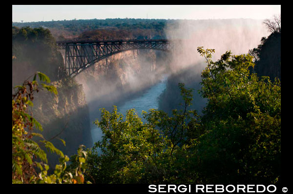 Les vistes de les Cascades Victòria. Al darrere, el pont entre Zàmbia i Zimbabwe. Durant més de 50 anys, el pont va ser creuat amb regularitat pels trens de passatgers com part de la ruta principal entre la llavors Rhodèsia del Nord, Àfrica del Sud i Europa. Els trens de càrrega realitzen principalment mineral de coure (més tard, lingots de coure) i fusta de Zàmbia, i el carbó al país. L'edat dels problemes de ponts i manteniment han portat a restriccions de trànsit en hores. Els trens es creuen en menys de caminar ritme i camions van ser limitats a 30 t, necessitant camions més pesats de fer un llarg desviament a través de la Kazungula Ferry o pont Chirundu. El límit es va elevar després de les reparacions el 2006, però més fonamental la rehabilitació o construcció d'un nou pont ha estat ventilat. Durant la crisi de Rhodesian UDI i la guerra de Bush, el pont va ser tancat amb freqüència (i els serveis regulars de passatgers no s'han reprès amb èxit). El 1975, el pont va ser l'escenari de les converses de pau fallits quan les parts es van reunir en un vagó de tren suspès sobre el barranc de nou hores i mitja. El 1980 els serveis de transport de mercaderies per carretera i es van reprendre i han continuat sense interrupció, excepte per al manteniment. Avui en dia una de les principals atraccions del Pont de Victoria Falls són visites guiades històriques centrades en la construcció del pont i que inclouen un recorregut a peu sota la coberta principal. A la banda de Zàmbia ha un petit museu sobre el pont que és lliure d'entrar i conté cafè, venedors de refrescos. L'establiment també hi ha el pont és la baldriga 111 metres (364 peus) d'bungee jump incloent un gronxador en bungee i tirolesa. Les preocupacions sobre la seguretat de l'atracció es van plantejar a finals de 2011 després el cable de l'amortidor auxiliar es va trencar i una dona jove australià va caure 24 metres (79 peus) al riu que flueix ràpid amb molts cocodrils. El pont va ser originalment es referia al fet que la Gran Zambeze o pont Zambezi, més tard a ser conegut com el Pont de Victoria Falls.