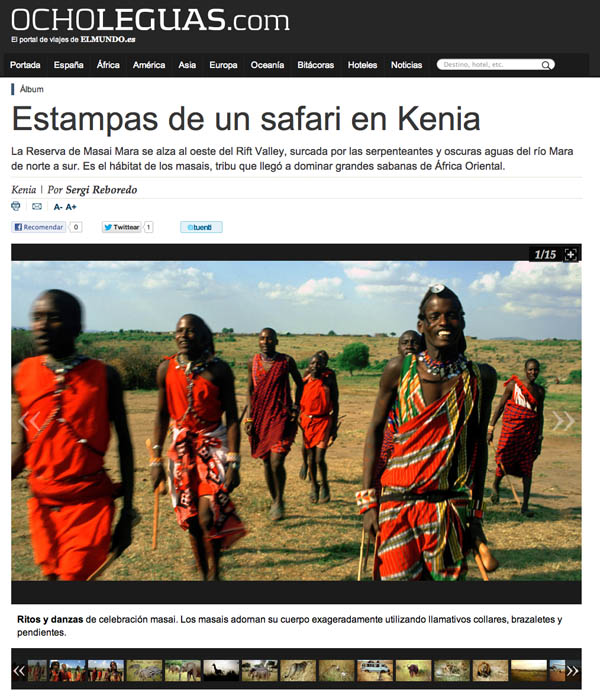 Ocho Leguas MASAI MARA Para entrar a Kenia se necesita un pasaporte en regla con una validez de seis meses. Sanidad Las condiciones sanitarias difieren en gran medida a las que estamos acostumbrados y para prevenir riesgos el viajero debe extremar las precauciones con la alimentación.  Es aconsejable estar vacunado contra el tétanos, la fiebre amarilla, la poliomielitis así como la hepatitis A y B y realizar un tratamiento profiláctico contra la malaria. Clima El Parque Nacional de Masai Mara dispone de un clima suave y mucho más húmedo que en otras zonas del resto del país debido a su altitud, por encima de los 1500 metros, y a su ubicación. La época de lluvias suele ser de Noviembre hasta Junio y las tormentas nocturnas son algo bastante frecuente. Moneda La moneda oficial es el chelín keniano (chelines), que se divide en 100 centavos. Existen billetes de 1000, 500, 200, 100, 50 y 20, así como monedas de 20,10,5 y 1. Un euro equivale a unos 83 chelines. Existe la posibilidad de cambiar dinero en hoteles, bancos y casas de cambio. También se pueden pagar en los hoteles o sacar dinero con las tarjetas de crédito Visa y Mastercard.  Ropa Es aconsejable llevar prendas de lino y algodón, calzado cómodo y transpirable para los safaris y vestir algo más formal si se piensa salir por las noches. Imprescindible un buen repelente de mosquitos, ropas de colores claros y un gorro para el sol.  Buenas compras y artesanía Kenia es un lugar inmejorable para comprar recuerdos. Podemos encontrar telas, batiks, kangas, tallas de ébano elaboradas a mano, cestos de sisal, figuras de esteatita, coloridas joyas masais e incluso pulseras de pelo de elefante, que en realidad están fabricadas de plástico o de hiervas embetunadas.  Los precios pueden variar enormemente de una tienda a otra por lo que se recomienda no comprar en el primer lugar e intentar regatear.
