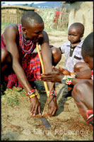 A Maasai near his cabin that are normally built with branches and logs smeared with their own feces oxen.