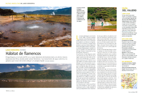 LLAC Bogoria, AL COR DE KENYA. El Llac Bogoria, situat al Rift Valley, és un dels millors escenaris a Àfrica on poder albirar flamencs. Els seus postes de sol són incomparables, i per si això fos poc, les seves deus d'aigua calenta i guèisers són un atractiu més per al turista que busca un bon complement als grans safaris. Per Sergi Reboredo (text i fotos). Havíem passat la nit al Marigat Inn, o el que és el mateix, en el lloc més mediocre de tota la comarca, i l'esmorzar, com era d'esperar, tan auster i concís com les pròpies habitacions. El nostre amic Kimbuva coneixia el lloc i es va oferir a acompanyar-nos en el nostre afany d'ensenyar a la nostra filla Iris com vivien els flamencs que tanta il · lusió li feia veure en els seus llibres.