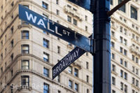 Skyscrapers in the Financial Center. Confluence of Wall Street and Broadway streets.