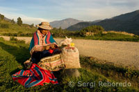 Una mujer espera el transporte para llevar los sacos de patatas que ha recolectado cerca de Chivay.
