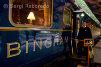 Exterior of the Hiram Bingham train Orient Express which runs between Cuzco and Machu Picchu moments before leaving.