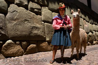 A woman and her llama with the stone of 12 angles. This stone is well known, the uniqueness that made it famous is the presence of 12 angles with which fits perfectly placed stones around it, forming part of the wall street Hatun Rumiyoc, in the heart of Cusco.