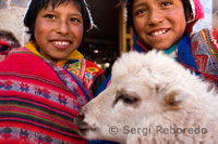 Children dressed in traditional costume in Pisac Sunday market day. Pisac. Sacred Valley.