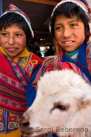 Children dressed in traditional costume in Pisac Sunday market day. Pisac. Sacred Valley. CUZCO PERU
